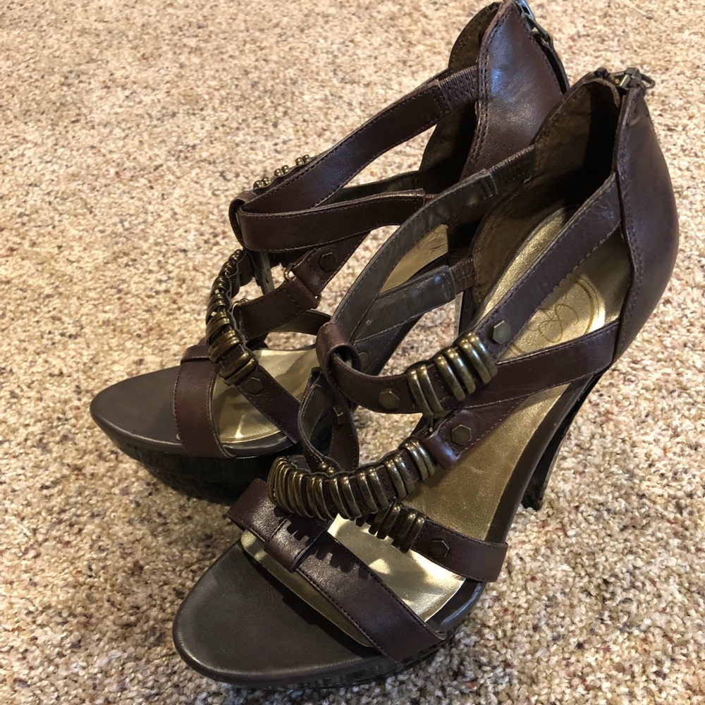 Jessica Simpson Brown leather strapped heels
